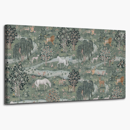 Decorative white horses and woodland animals among sage trees single canvas wall art on a white background