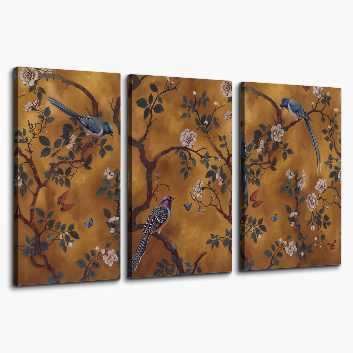 Colorful perched birds and pale blossoms on an ochre background 3 piece canvas wall art on a white background