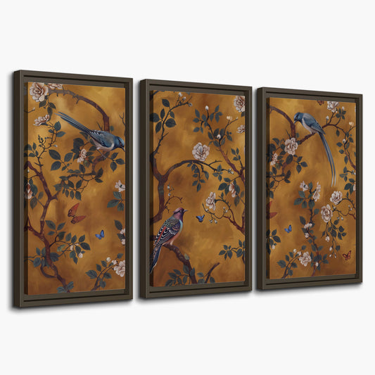 Colorful perched birds and pale blossoms on an ochre background 3 piece framed canvas wall art on a white background