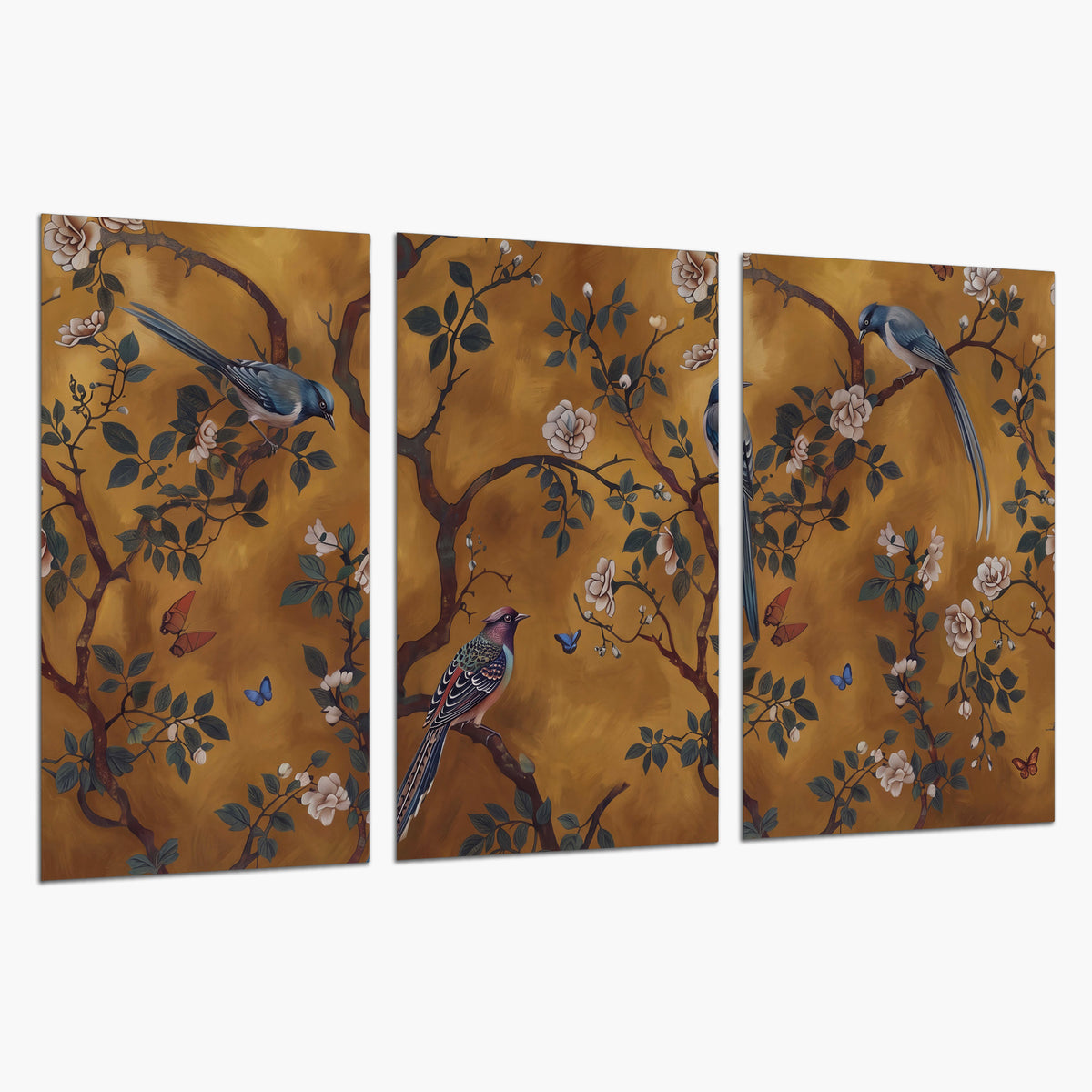 Colorful perched birds and pale blossoms on an ochre background set of 3 poster prints on a white background