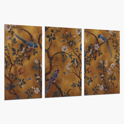 Colorful perched birds and pale blossoms on an ochre background set of 3 poster prints on a white background