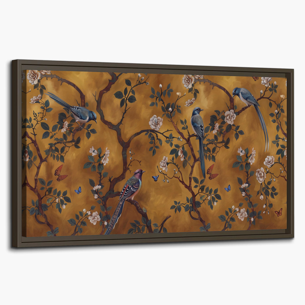 Colorful perched birds and pale blossoms on an ochre background single framed canvas wall art on a white background
