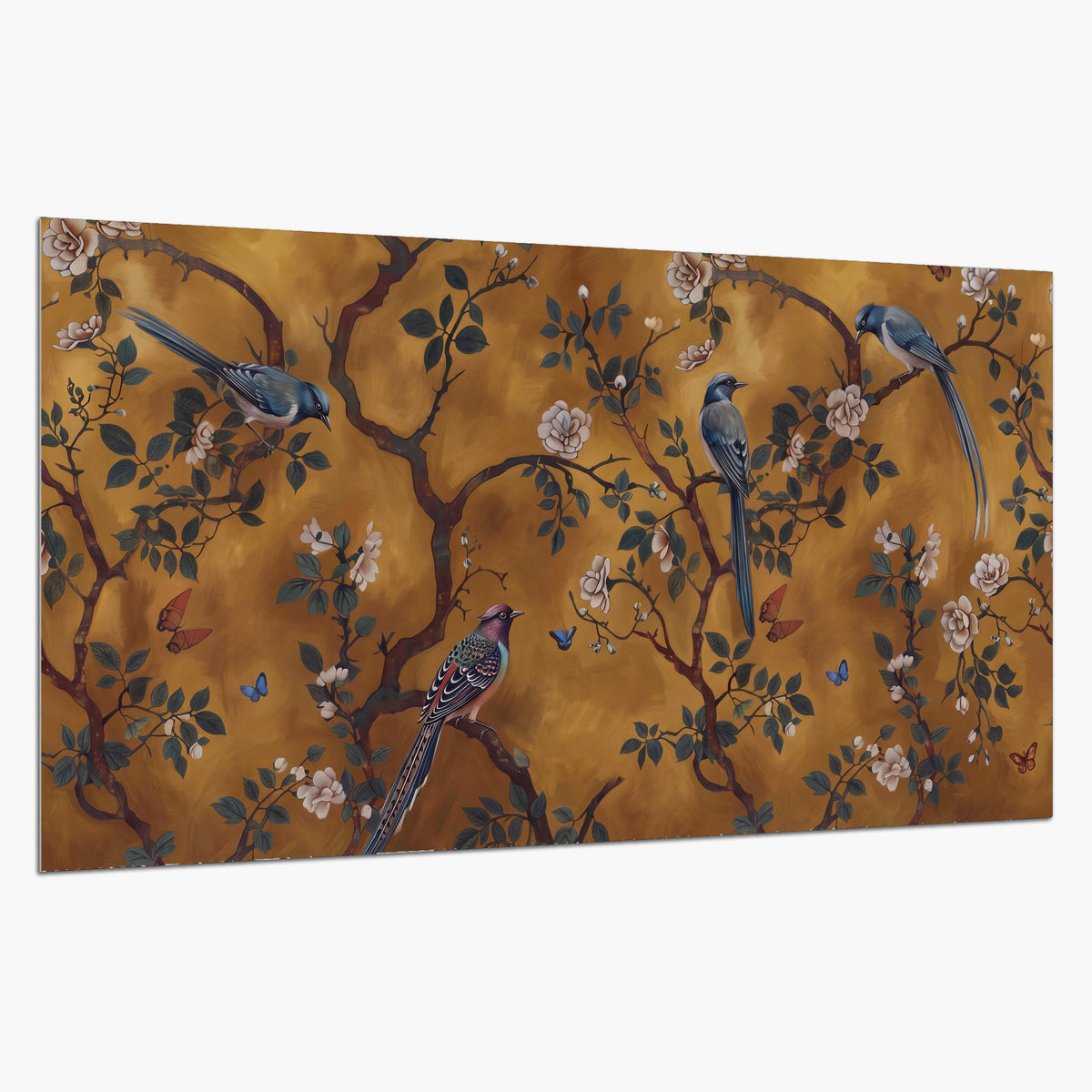 Colorful perched birds and pale blossoms on an ochre background single poster print on a white background