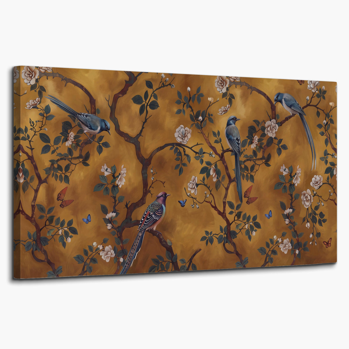 Colorful perched birds and pale blossoms on an ochre background single canvas wall art on a white background