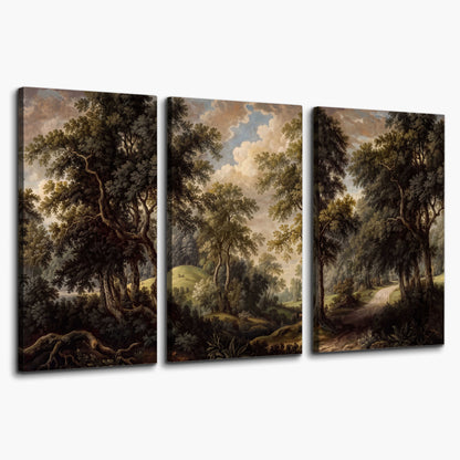 Old trees framing a softly lit woodland path 3 piece canvas wall art on a white background