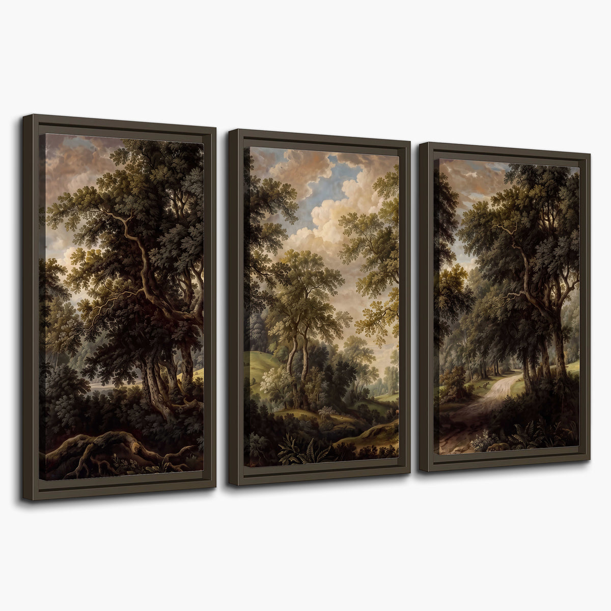 Old trees framing a softly lit woodland path 3 piece framed canvas wall art on a white background