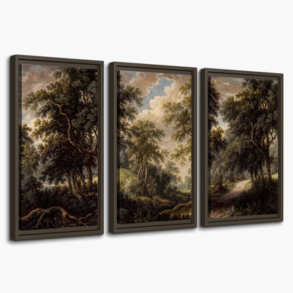 Old trees framing a softly lit woodland path 3 piece framed canvas wall art on a white background
