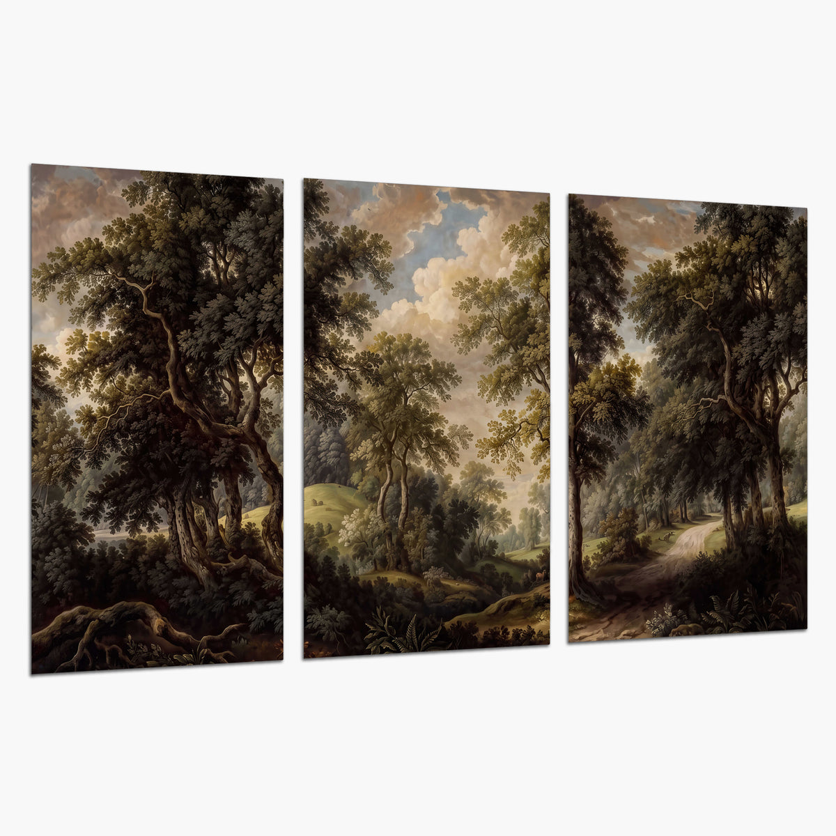 Old trees framing a softly lit woodland path set of 3 poster prints on a white background