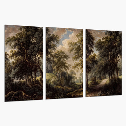 Old trees framing a softly lit woodland path set of 3 poster prints on a white background