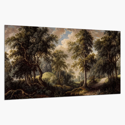 Old trees framing a softly lit woodland path single poster print on a white background