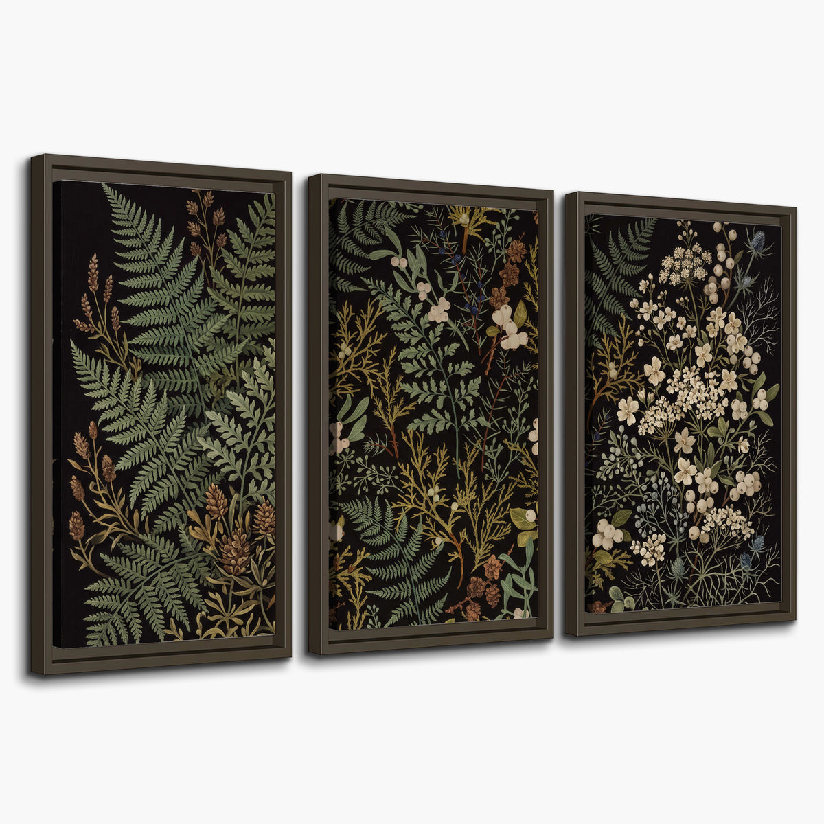 Layered green ferns and delicate cream flowers on a black background 3 piece framed canvas wall art on a white background