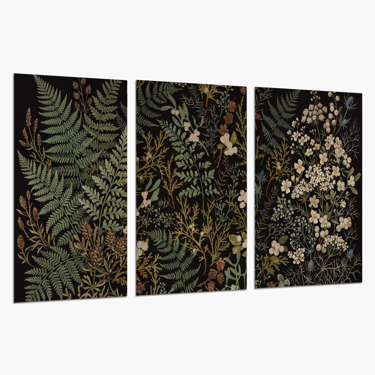 Layered green ferns and delicate cream flowers on a black background set of 3 poster prints on a white background
