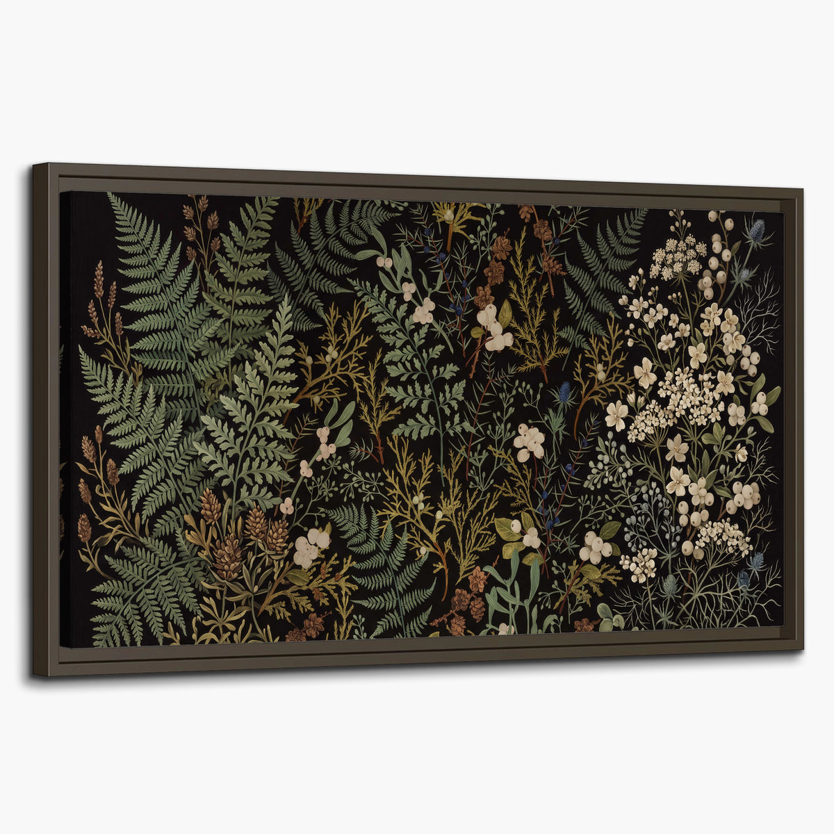 Layered green ferns and delicate cream flowers on a black background single framed canvas wall art on a white background