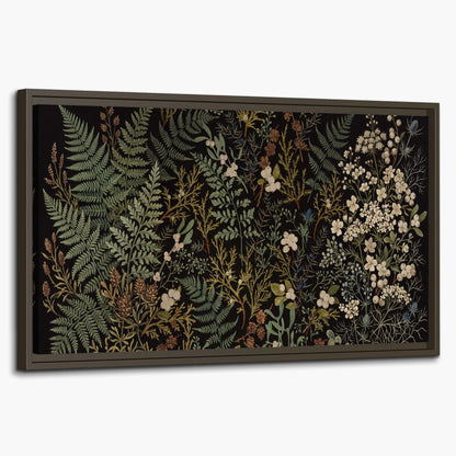 Layered green ferns and delicate cream flowers on a black background single framed canvas wall art on a white background