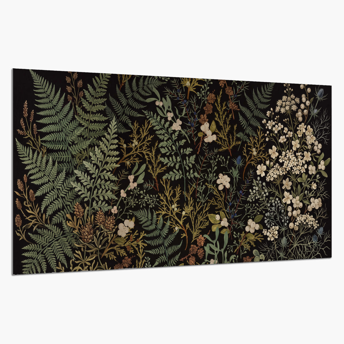 Layered green ferns and delicate cream flowers on a black background single poster print on a white background