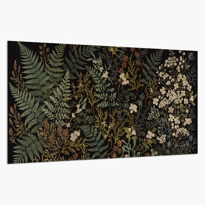 Layered green ferns and delicate cream flowers on a black background single poster print on a white background