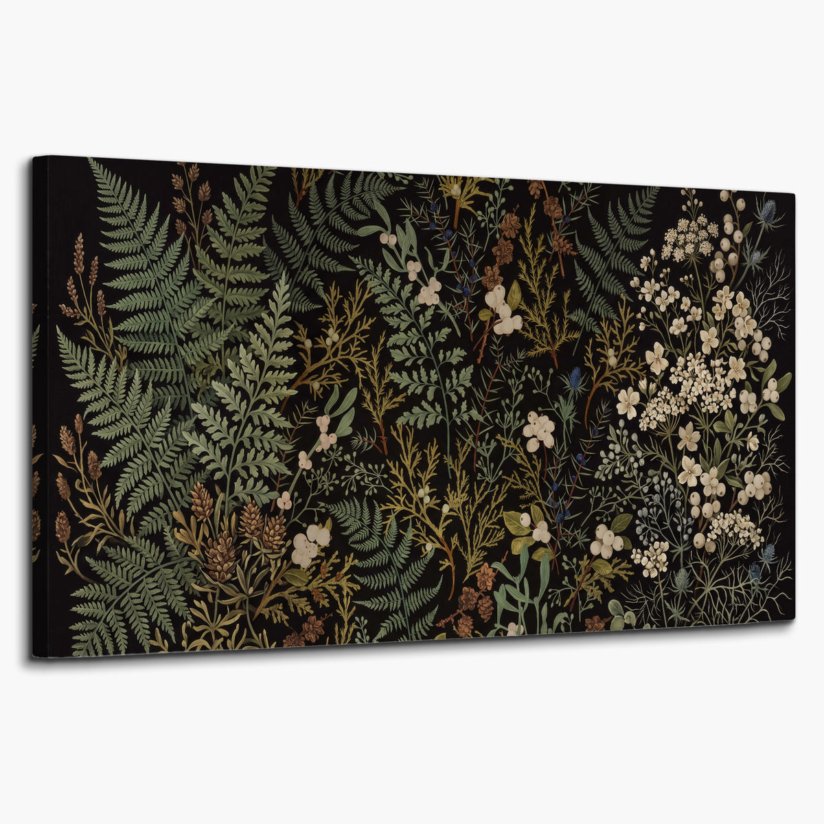 Layered green ferns and delicate cream flowers on a black background single canvas wall art on a white background