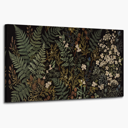 Layered green ferns and delicate cream flowers on a black background single canvas wall art on a white background