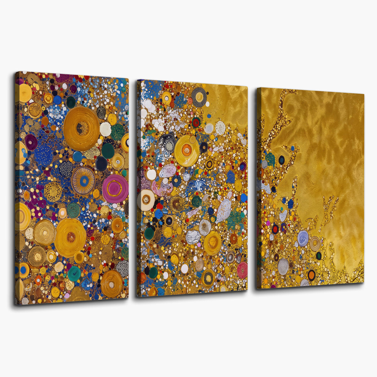 Colorful circular floral motifs against a rich gold-colored field 3 piece canvas wall art on a white background