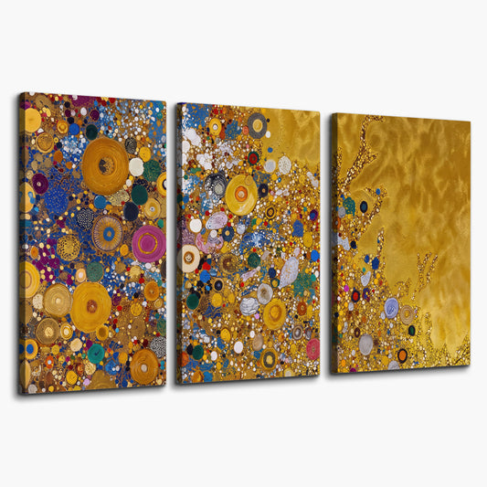 Colorful circular floral motifs against a rich gold-colored field 3 piece canvas wall art on a white background