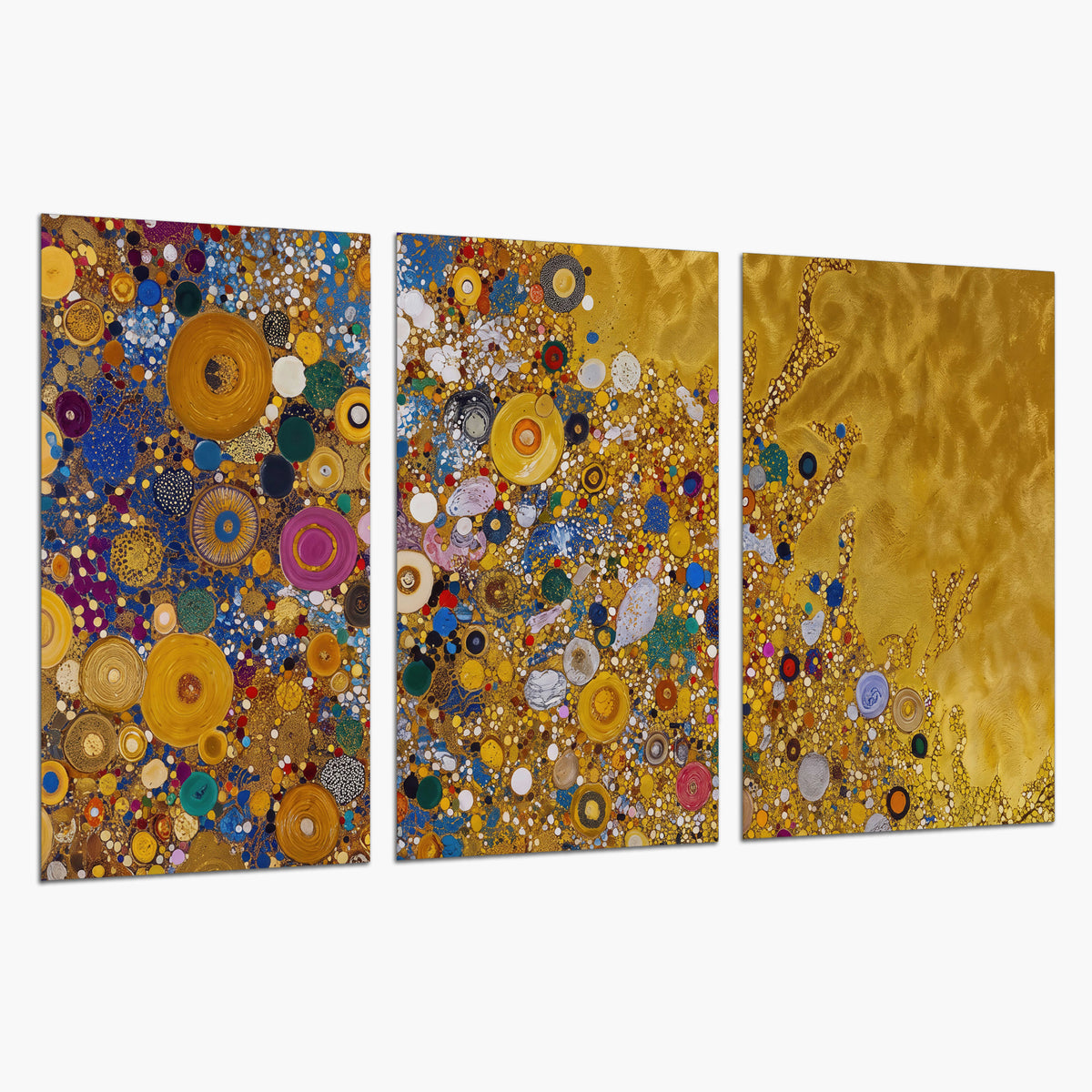 Colorful circular floral motifs against a rich gold-colored field set of 3 poster prints on a white background
