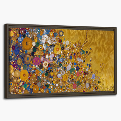 Colorful circular floral motifs against a rich gold-colored field single framed canvas wall art on a white background