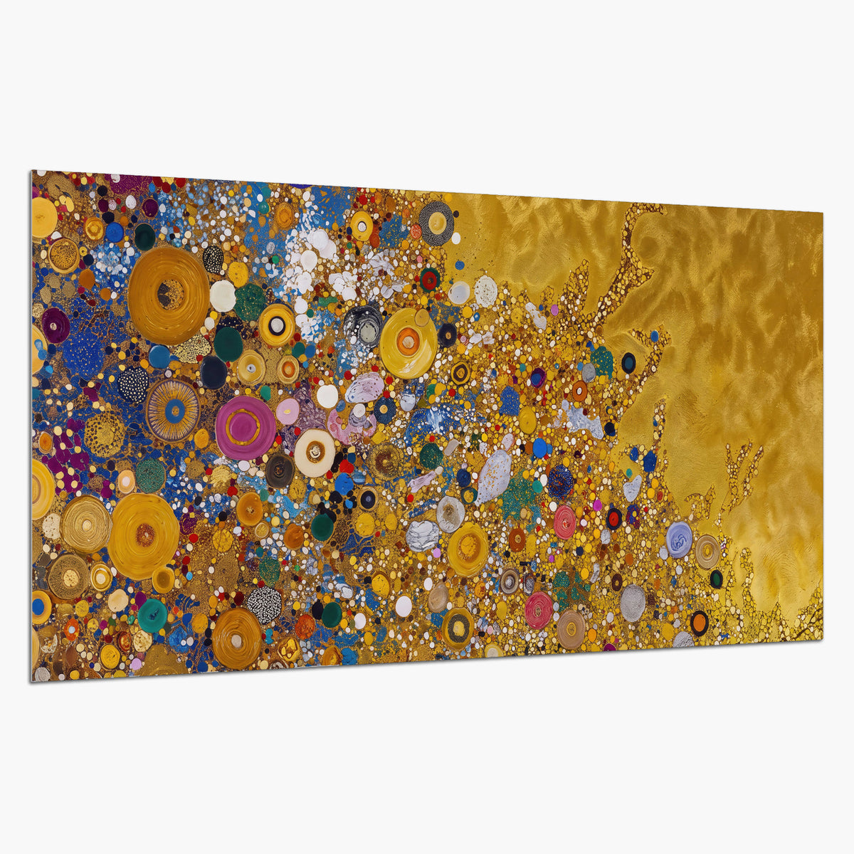 Colorful circular floral motifs against a rich gold-colored field single poster print on a white background
