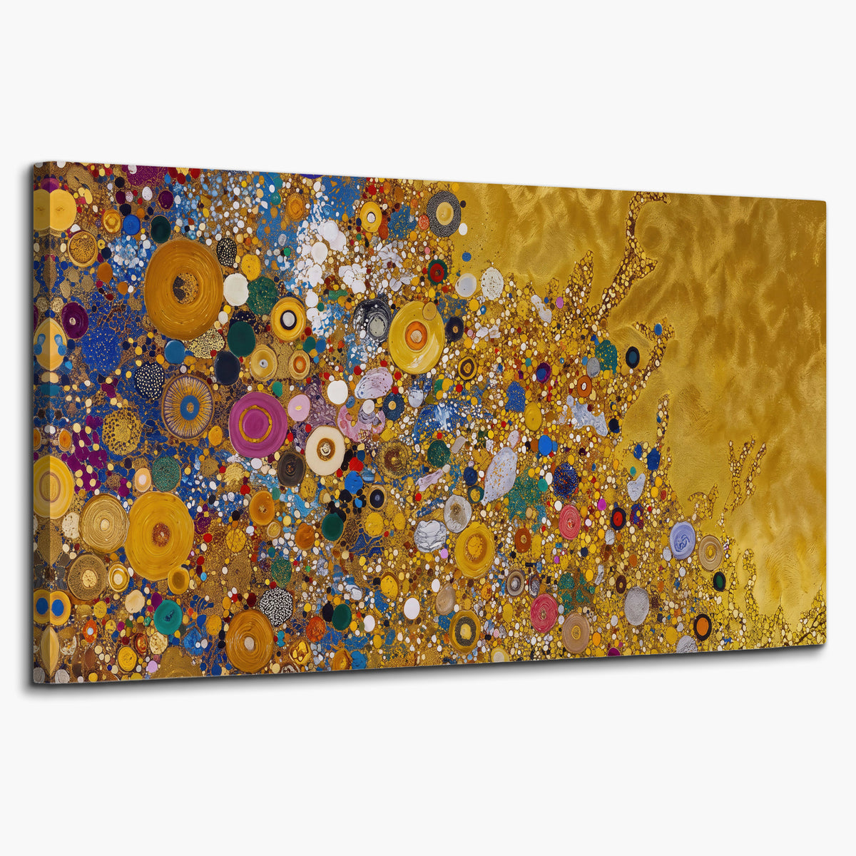 Colorful circular floral motifs against a rich gold-colored field single canvas wall art on a white background