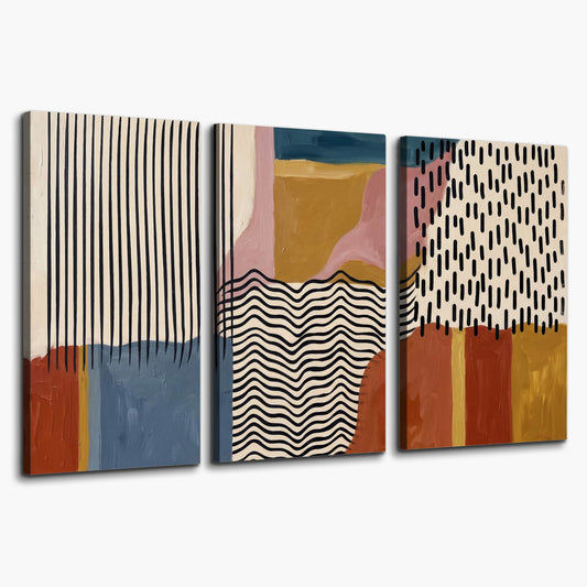 Terracotta, pink, mustard and blue shapes with black line patterns 3 piece canvas wall art on a white background