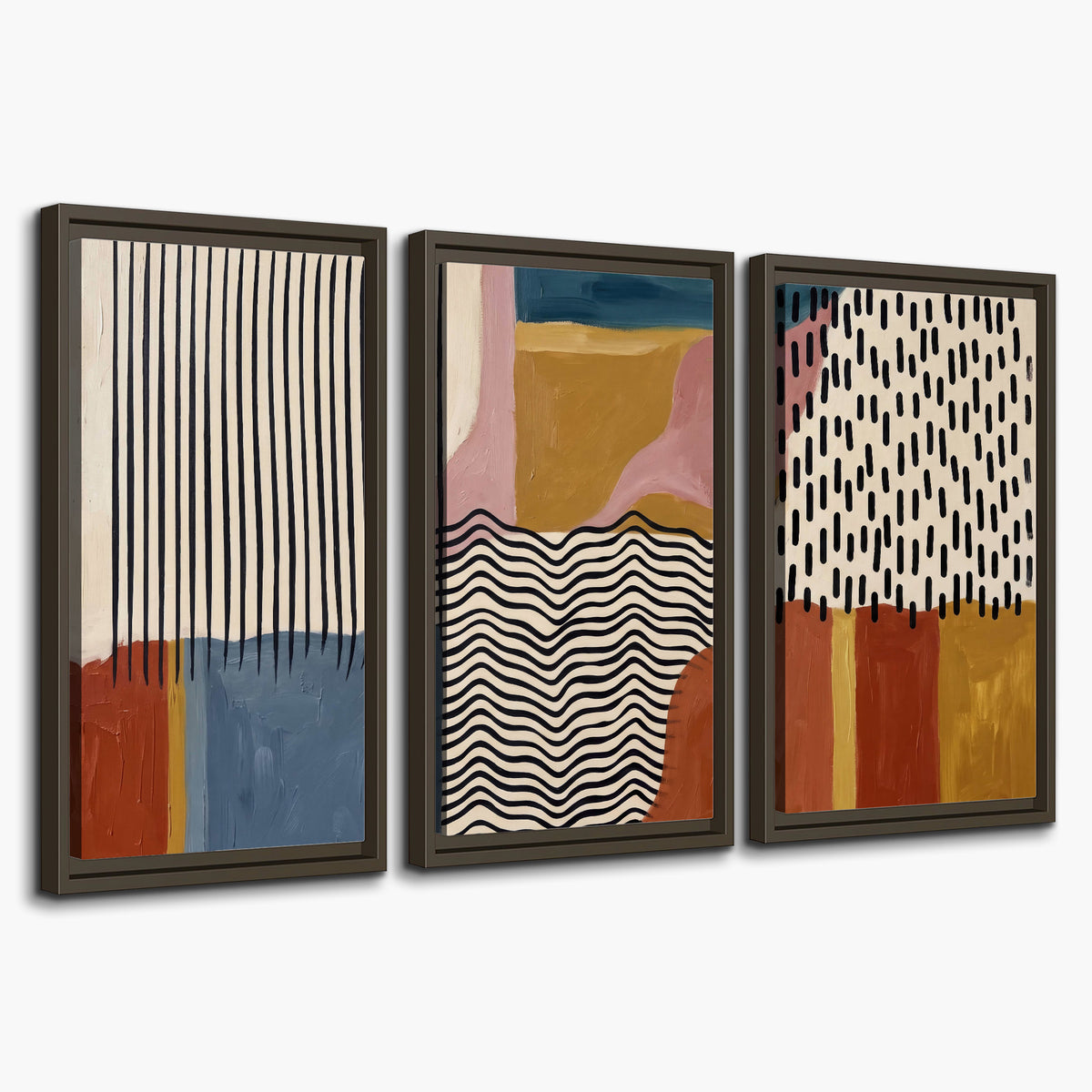 Terracotta, pink, mustard and blue shapes with black line patterns 3 piece framed canvas wall art on a white background