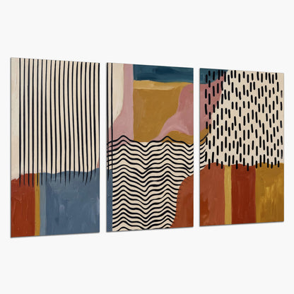 Terracotta, pink, mustard and blue shapes with black line patterns set of 3 poster prints on a white background