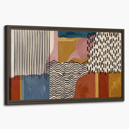 Terracotta, pink, mustard and blue shapes with black line patterns single framed canvas wall art on a white background