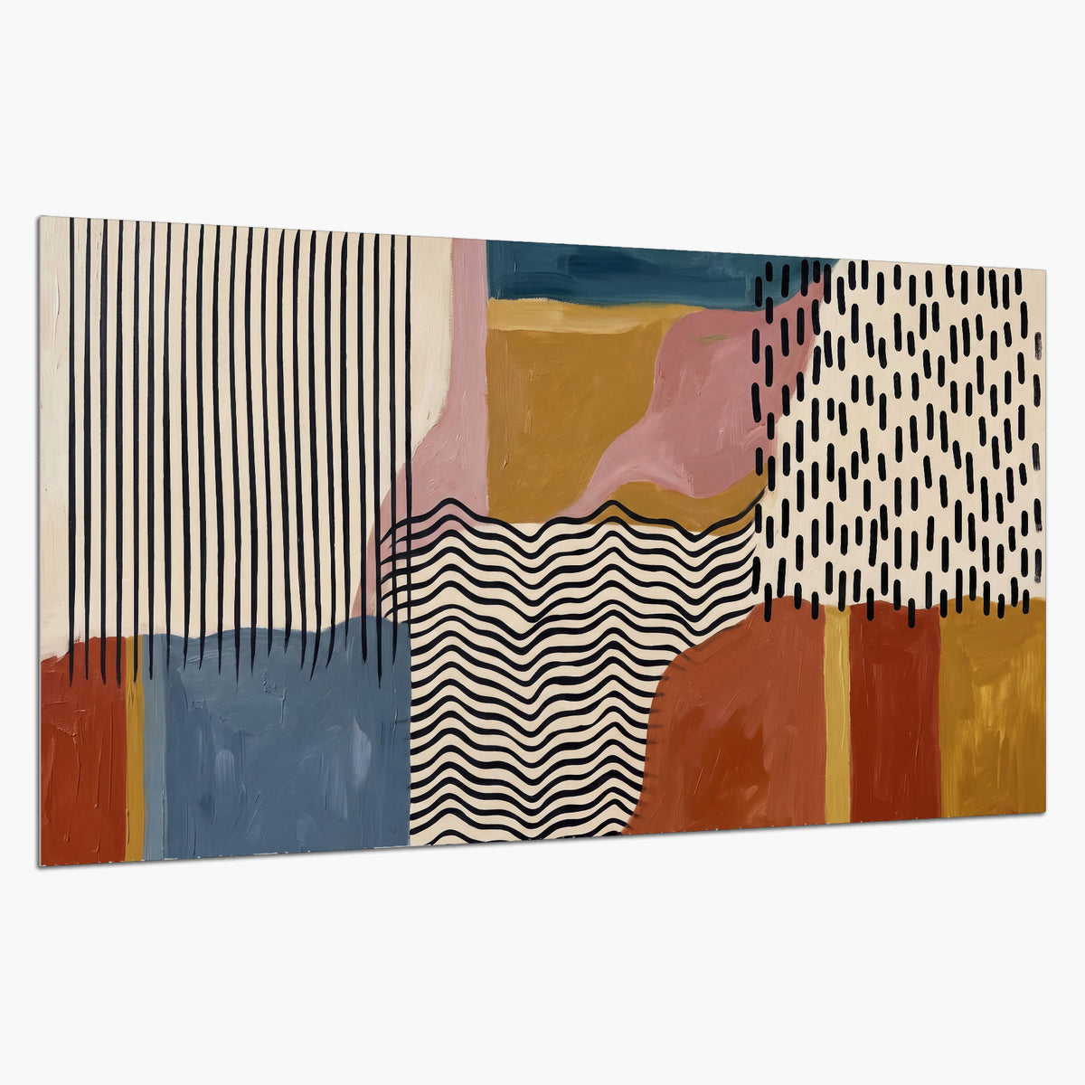 Terracotta, pink, mustard and blue shapes with black line patterns single poster print on a white background