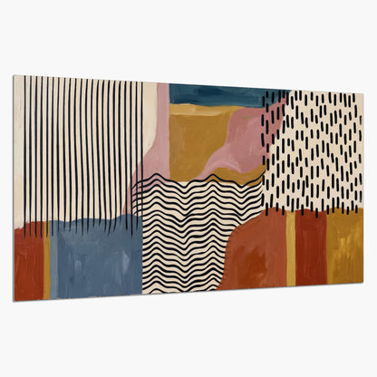 Terracotta, pink, mustard and blue shapes with black line patterns single poster print on a white background