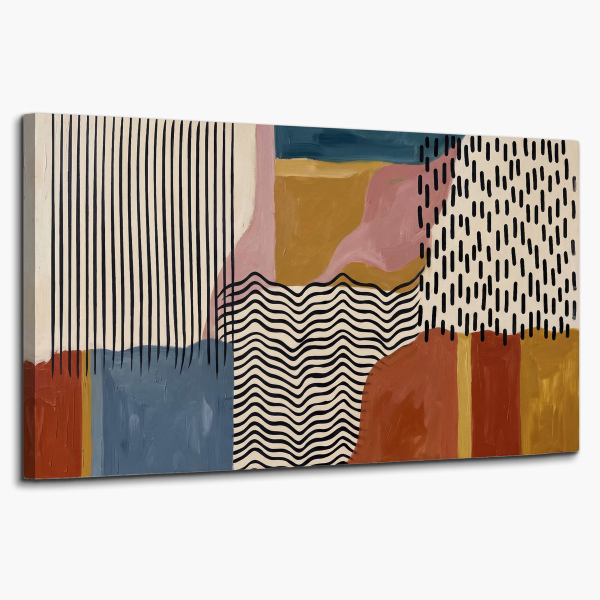 Terracotta, pink, mustard and blue shapes with black line patterns single canvas wall art on a white background