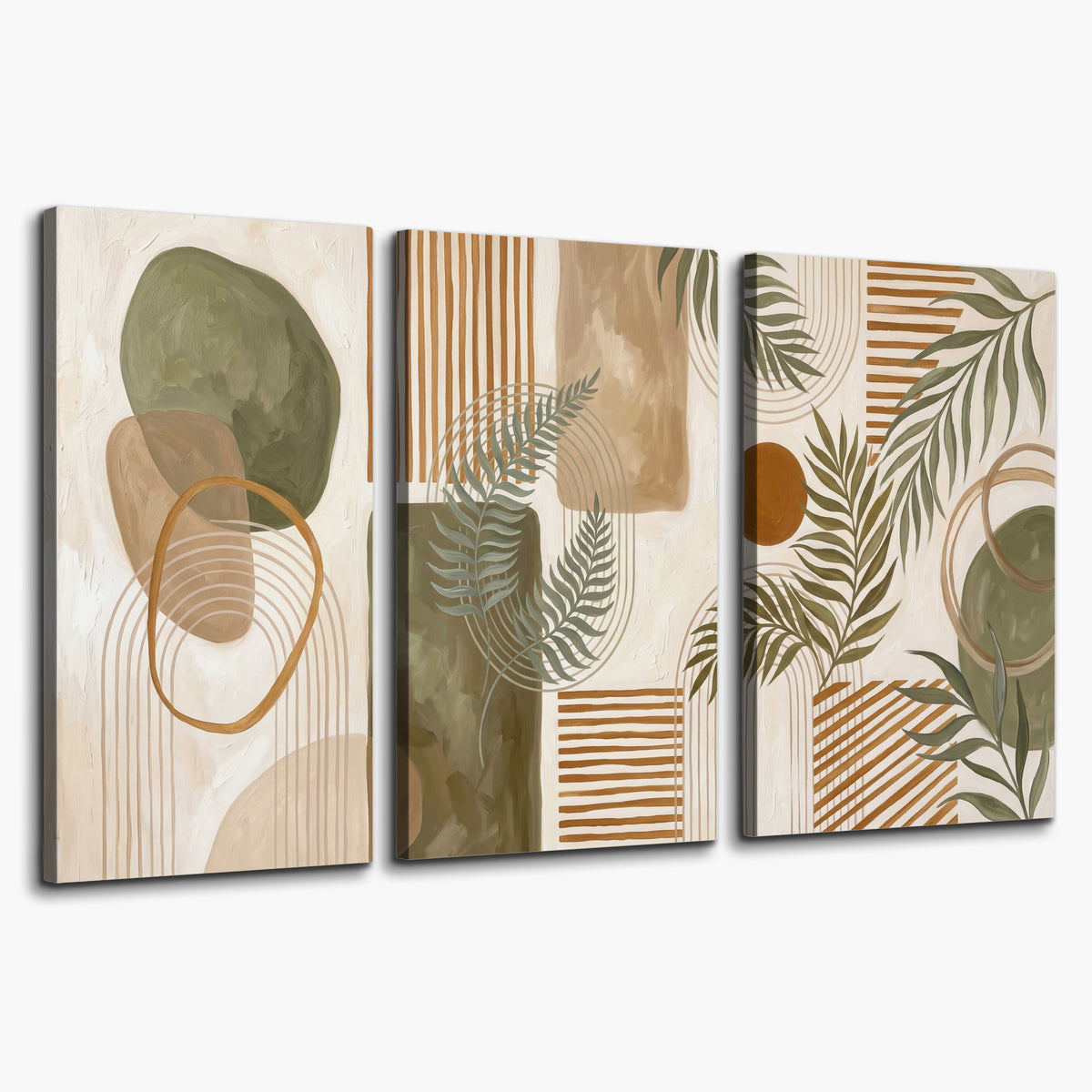 Green botanical leaves layered with ochre and cream geometric forms 3 piece canvas wall art on a white background
