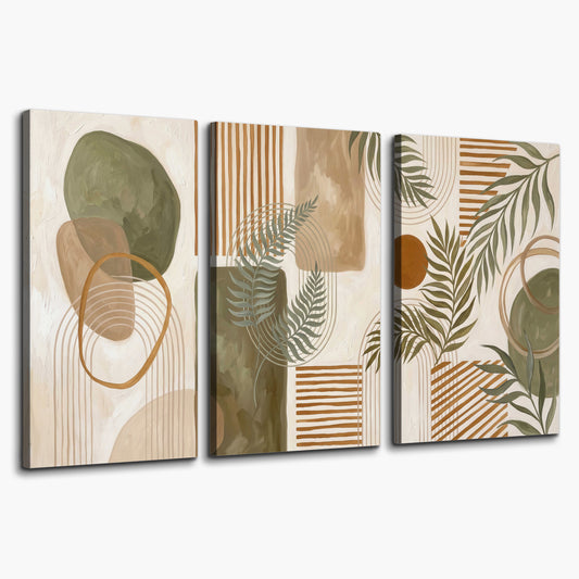 Green botanical leaves layered with ochre and cream geometric forms 3 piece canvas wall art on a white background
