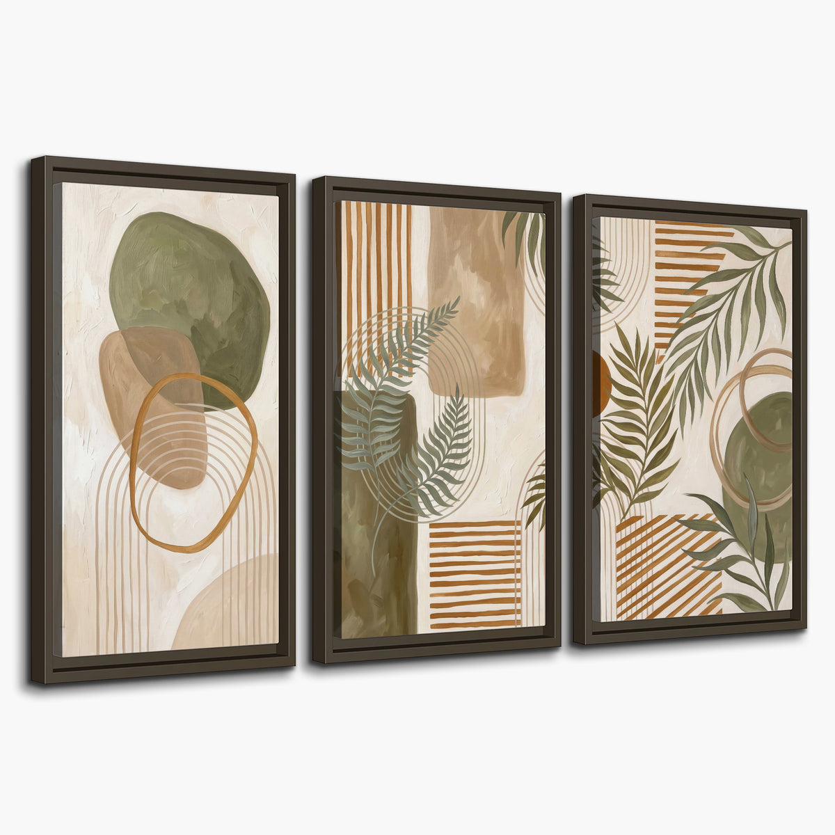 Green botanical leaves layered with ochre and cream geometric forms 3 piece framed canvas wall art on a white background