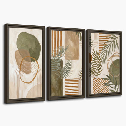 Green botanical leaves layered with ochre and cream geometric forms 3 piece framed canvas wall art on a white background