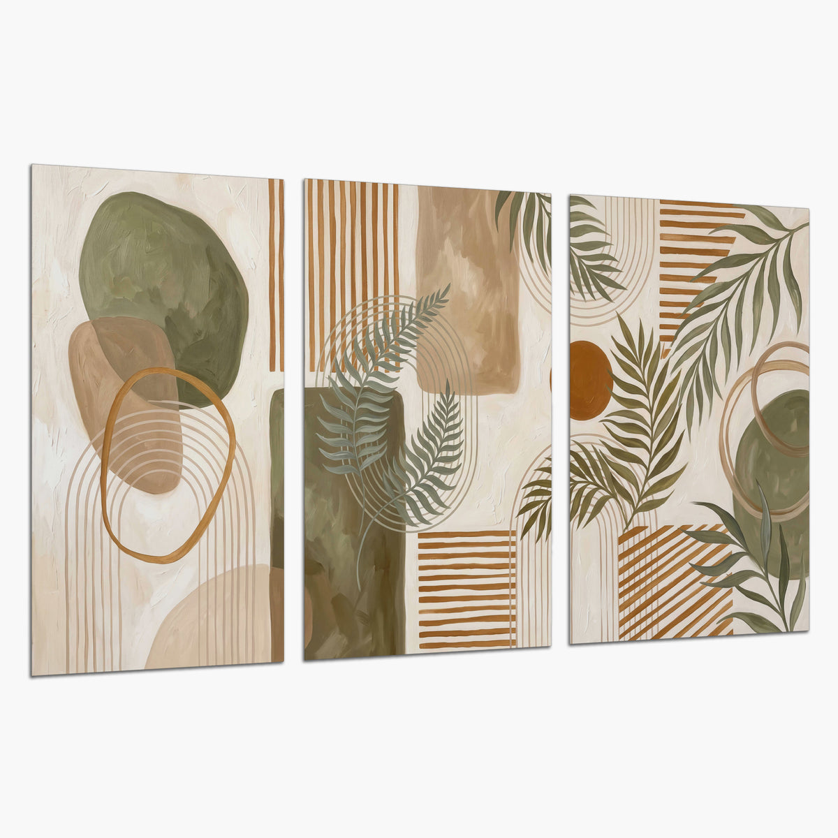 Green botanical leaves layered with ochre and cream geometric forms set of 3 poster prints on a white background