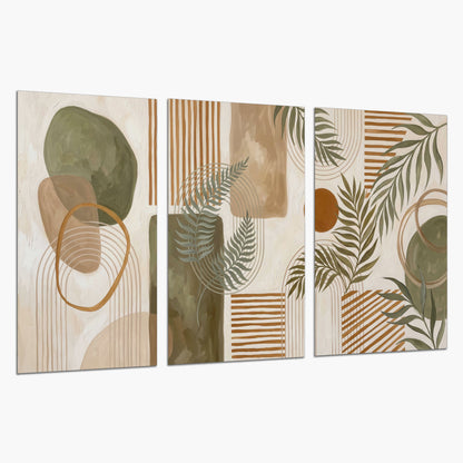 Green botanical leaves layered with ochre and cream geometric forms set of 3 poster prints on a white background