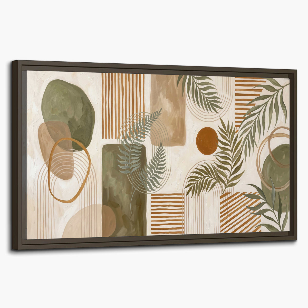 Green botanical leaves layered with ochre and cream geometric forms single framed canvas wall art on a white background