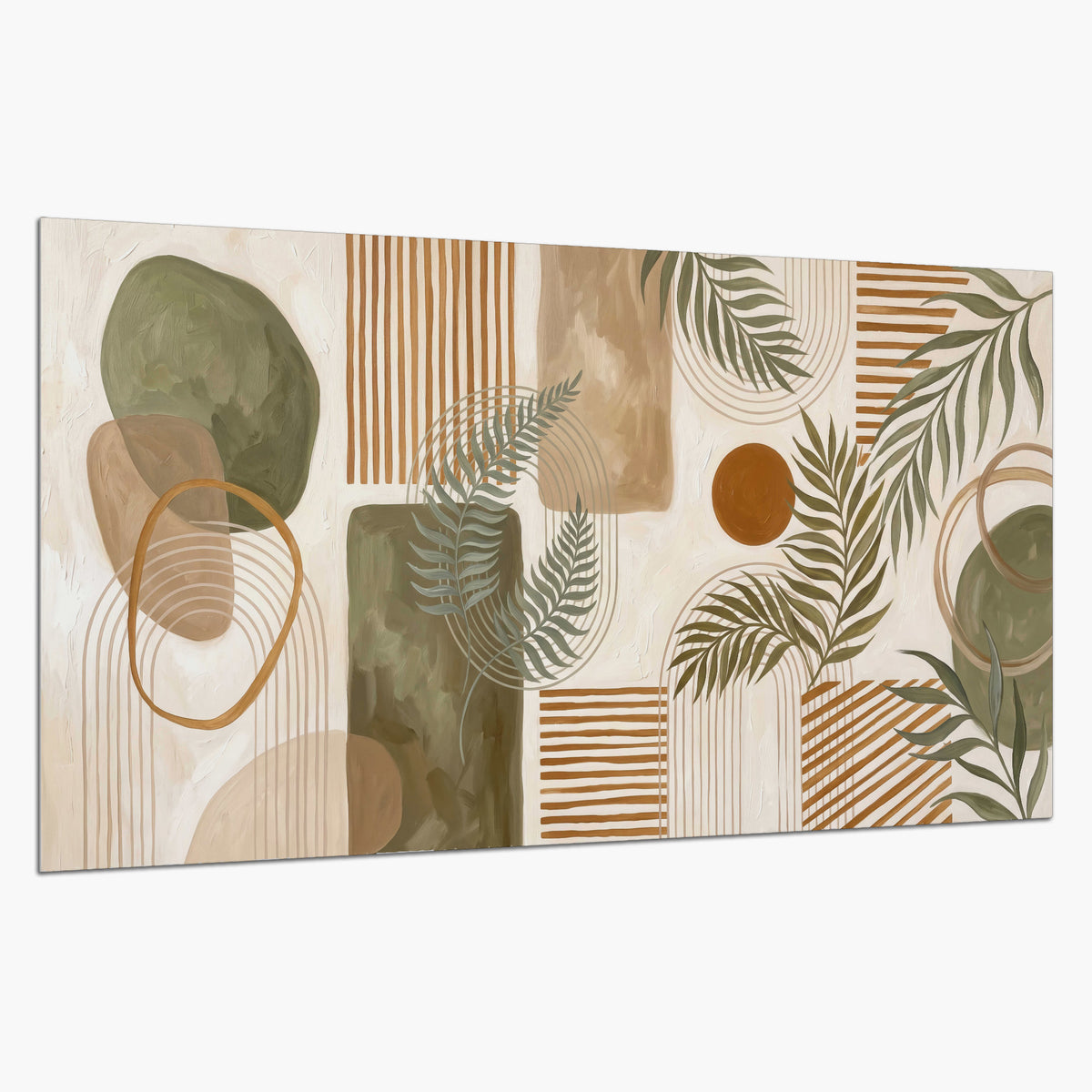 Green botanical leaves layered with ochre and cream geometric forms single poster print on a white background
