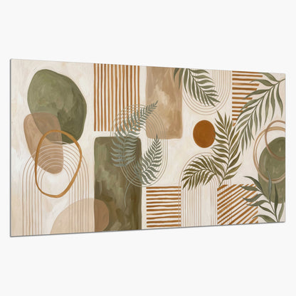 Green botanical leaves layered with ochre and cream geometric forms single poster print on a white background