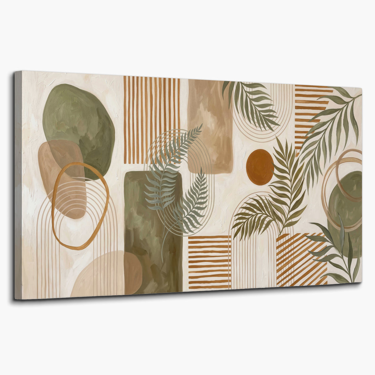 Green botanical leaves layered with ochre and cream geometric forms single canvas wall art on a white background