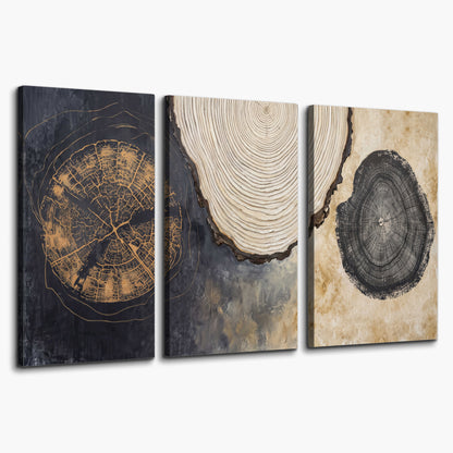 Circular tree-ring motifs in charcoal, cream and gold tones 3 piece canvas wall art on a white background