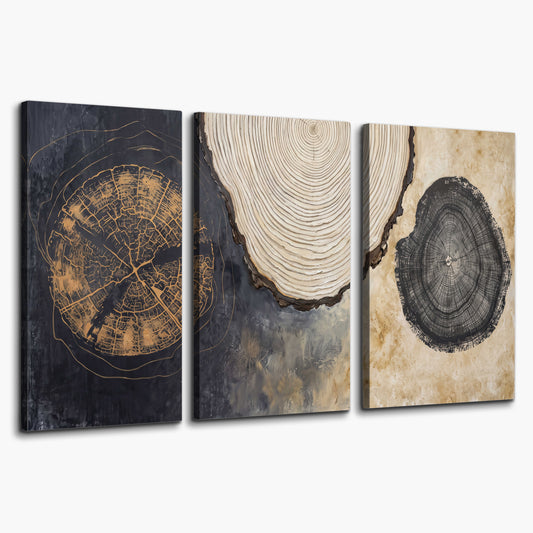 Circular tree-ring motifs in charcoal, cream and gold tones 3 piece canvas wall art on a white background