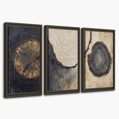 Circular tree-ring motifs in charcoal, cream and gold tones 3 piece framed canvas wall art on a white background