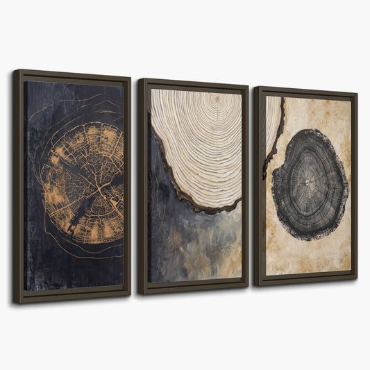 Circular tree-ring motifs in charcoal, cream and gold tones 3 piece framed canvas wall art on a white background