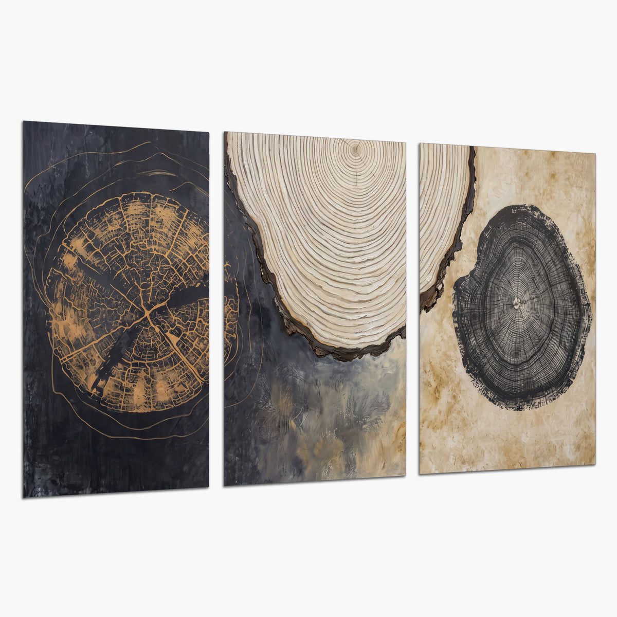 Circular tree-ring motifs in charcoal, cream and gold tones set of 3 poster prints on a white background